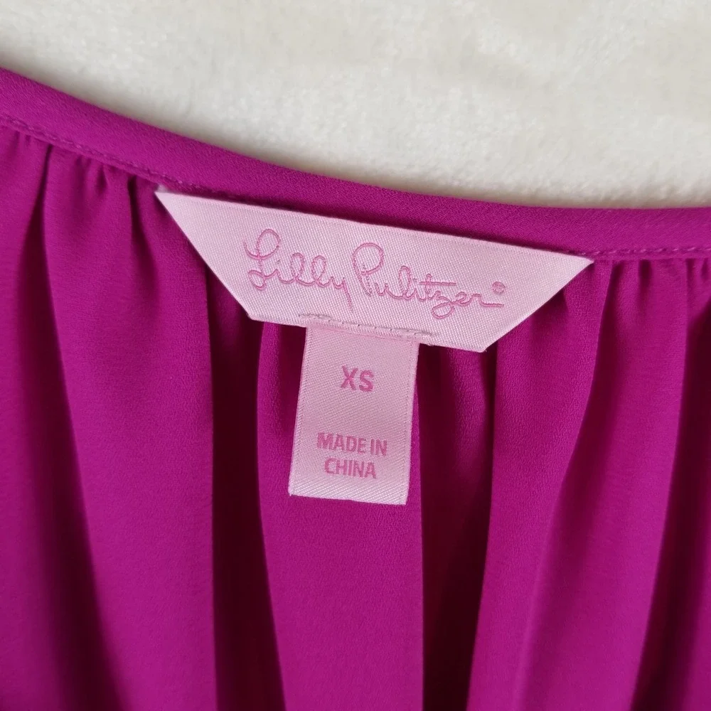 Lilly‎ Pulitzer Magenta Pink Split Neck Puff Sleeve Blouse Womens XS 100% Poly